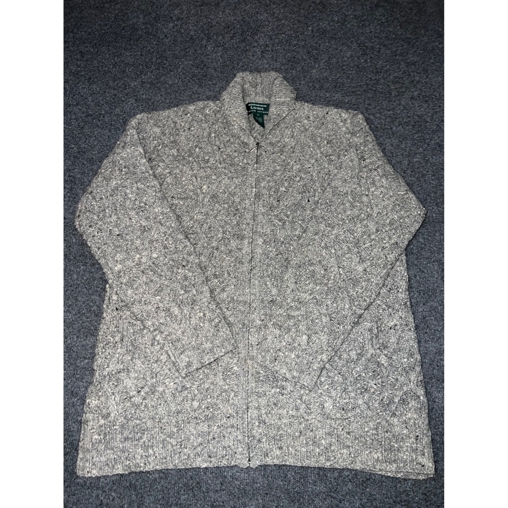 Lauren Ralph Lauren Grey Wool Cable Knit Zip Up Cardigan Sweater Medium